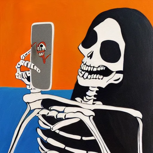 Image similar to skeleton taking a selfie, painting by mr. fish