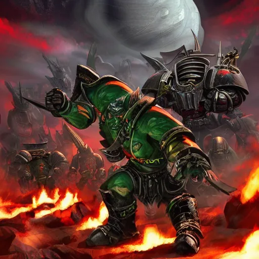 Image similar to Epic battle between Astartes and orcs in the world of Warhammer 40,000, retro futurism style