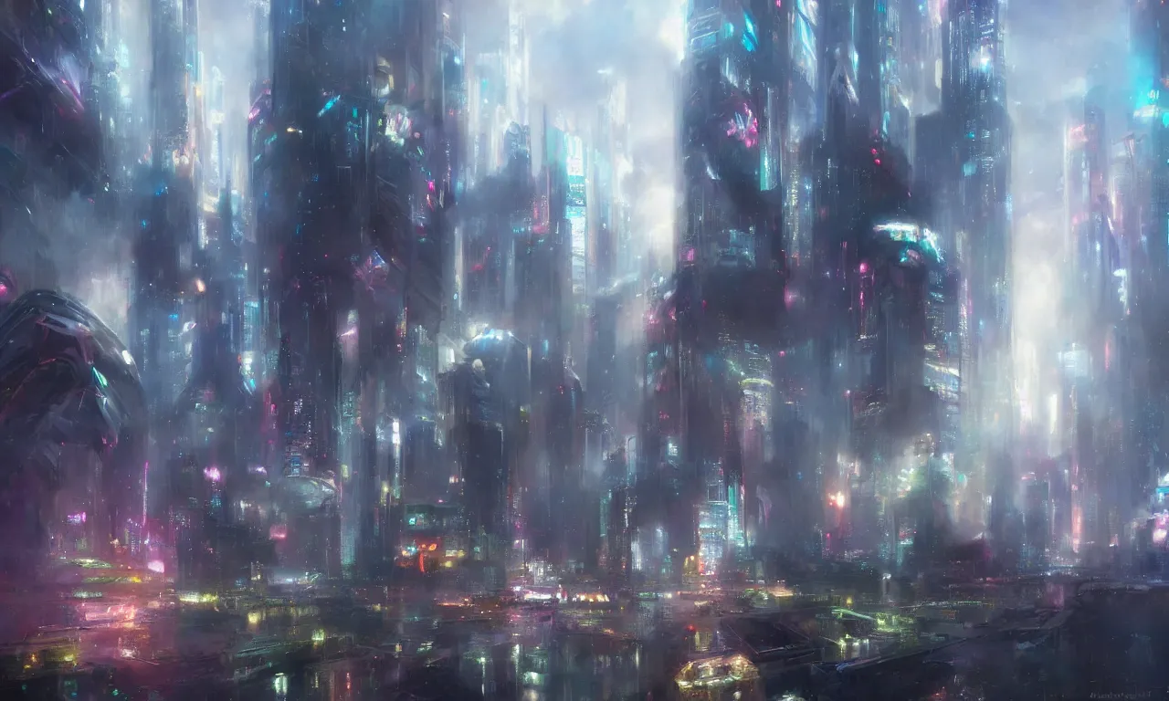 Prompt: futuristic city. by daniel f. gerhartz, hyperrealistic oil painting, 4 k, studio lightning, trending on artstation