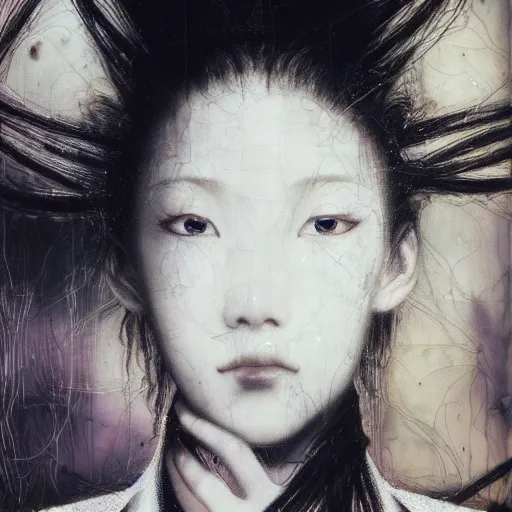 Prompt: Yoshitaka Amano dreamy and blurry portrait of an anime girl with white hair and cracks on her face wearing dress suit with tie fluttering in the wind, abstract black and white patterns on the background, head turned to the side, noisy film grain effect, highly detailed, Renaissance oil painting, weird camera angle