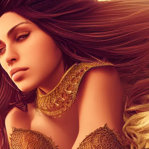 Image similar to portait nawal al zoghbi sensual, centred, very long hair, hd, hyperdetailed illustration by irakli nadar, intricate linework, bright colors, octopath traveler, final fantasy, unreal engine 5 highly rendered, global illumination, radiant light