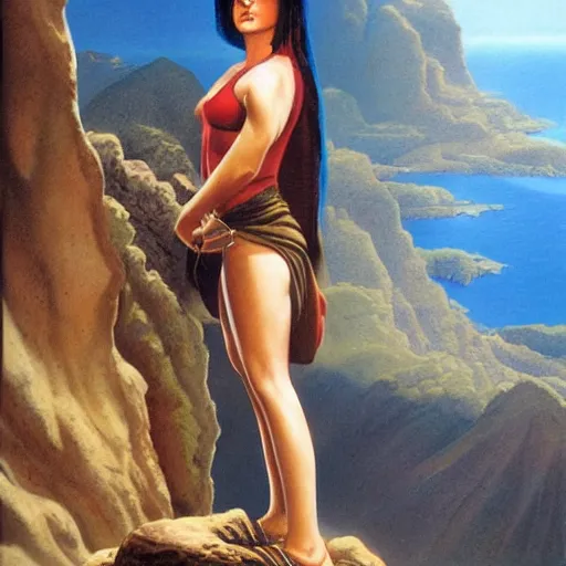 Image similar to teenage emo woman standing on a cliff, heroic, epic, matte painting by Boris Vallejo