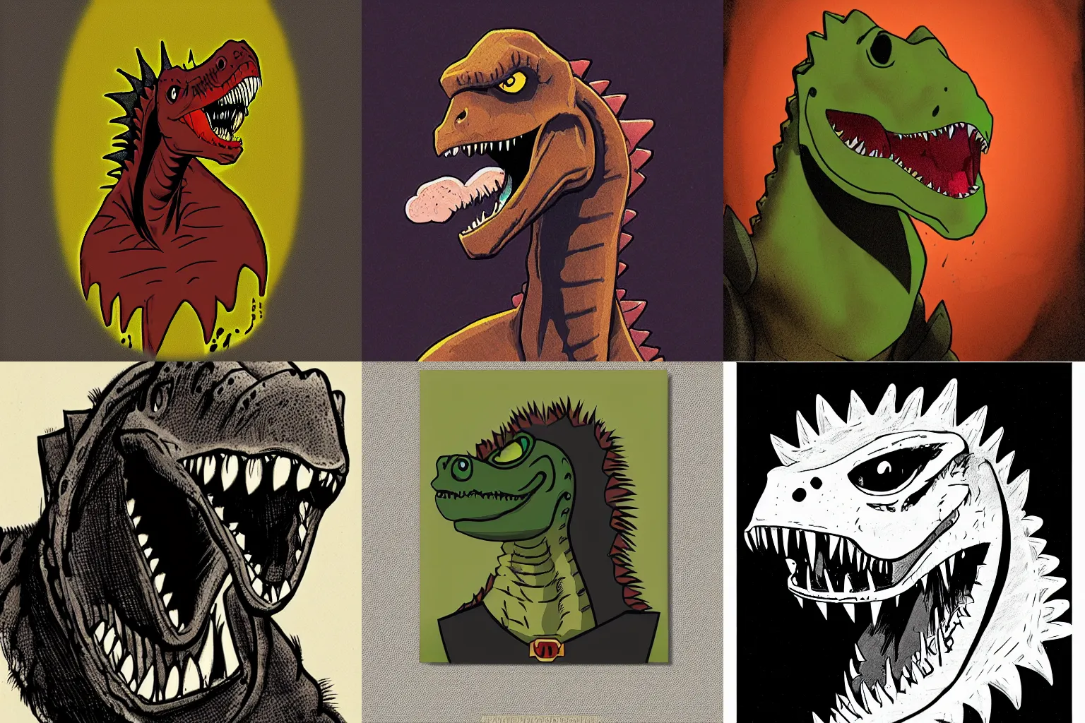 Prompt: angry dinosaur portrait in style of Mike Mignola