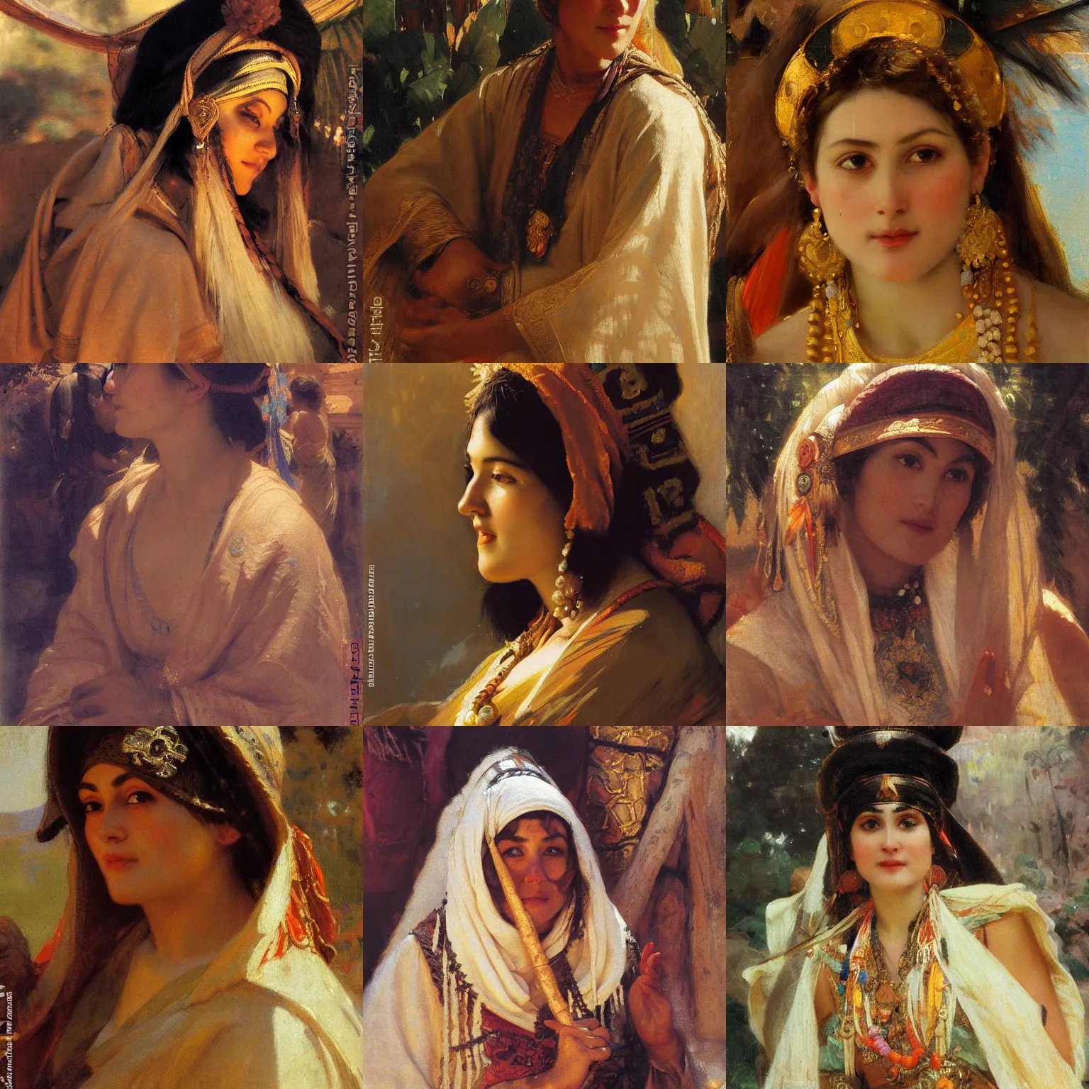 Prompt: orientalism cute priestess wearing bandeau at sacred site face detail by theodore ralli and nasreddine dinet and anders zorn and nikolay makovsky and edwin longsden long, oil on canvas, masterful intricate artwork, excellent lighting, high detail 8 k