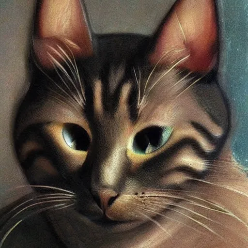 Image similar to anthro cat mona lisa face close up whiskers cat ears 🐱 very detailed