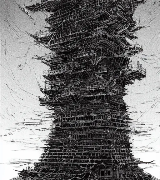 Prompt: tower of lies, colored manga, by tsutomu nihei, tarkovsky, majestic ancient tower of babylon of terror, a woman in cyber clothing, hyperrealistic, blame manga, full color, cyber architecture, intricate, illustration, concept art, hyper - detailed, smooth, masterpiece, epic, cinematic, high quality