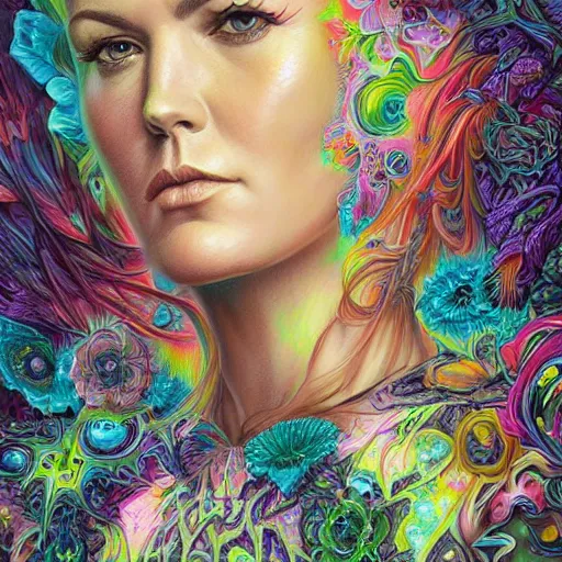 Image similar to portrait of danneel ackles, hyper detailed masterpiece, neon floral pattern, jean giraud, digital art painting, darkwave goth aesthetic, psychedelic, artgerm, donato giancola and tom bagshaw