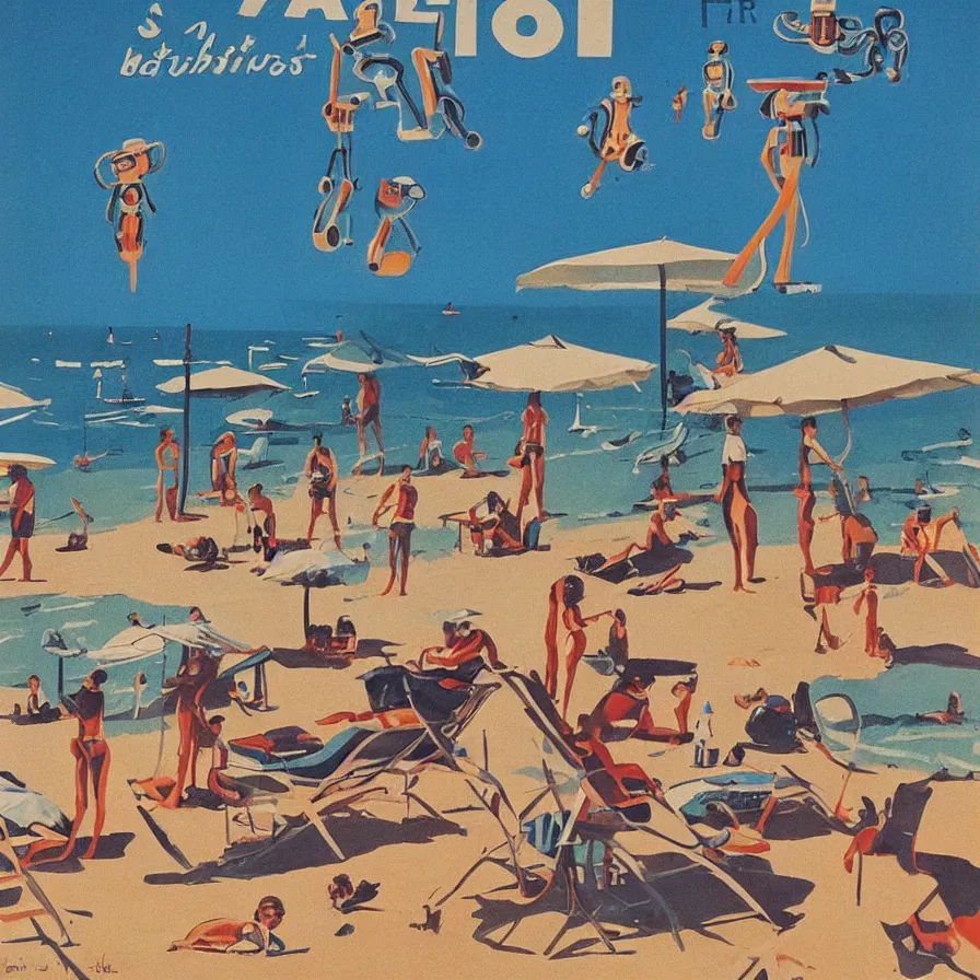 Prompt: “a vintage French tourism poster of robots sunbathing on a beach next to the ocean in st Tropez ”