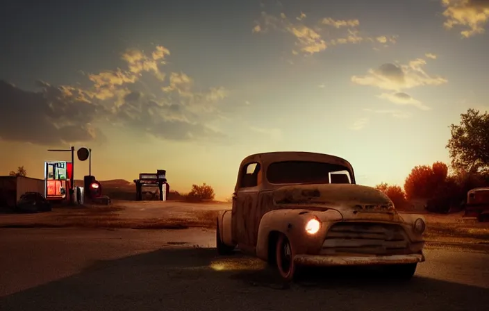 Image similar to a sunset light landscape with historical route 6 6, lots of sparkling details and sun ray ’ s, blinding backlight, smoke, volumetric lighting, colorful, octane, 3 5 mm, abandoned gas station, old rusty pickup - truck, beautiful epic colored reflections, very colorful heavenly, softlight