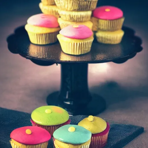 Prompt: Cupcakes on a shiny plate on it, award winning photograph, artstation, incredible quality, hyperrealistic, sharp, high resolution