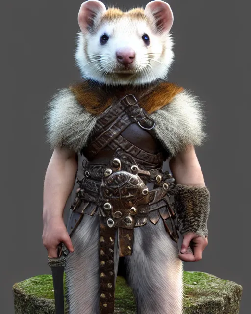 Prompt: ferret warrior, furry, fantasy, viking, high detailed, photography, cloudy, lightweight leather armour, scandinavia, plain, detailed face, look into the distance, serious face, full body, in full growth, professional photographer, masterpiece, 5 0 mm, extremely detailed, 3 d render, digital, 8 k