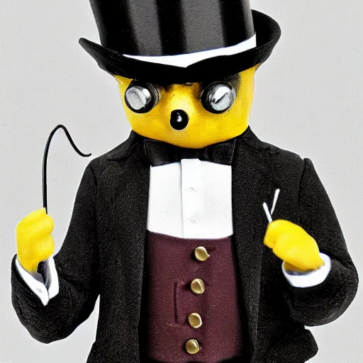 Prompt: dapper bumblebee wearing tuxedo, top hat, monocle, and pocket watch, photograph