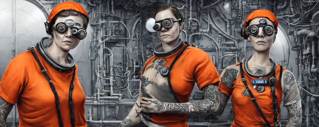 Image similar to character concept art 3 / 4 portrait of tattooed stoic heroic emotionless butch blonde woman engineer with short slicked - back hair, wearing dark victorian goggles, wearing orange bandana around neck, working inside reactor room, awkward and uncomfortable and anxious, dirty, ron cobb. industrial space program, scifi, hyper detailed. octane render. trending on artstation