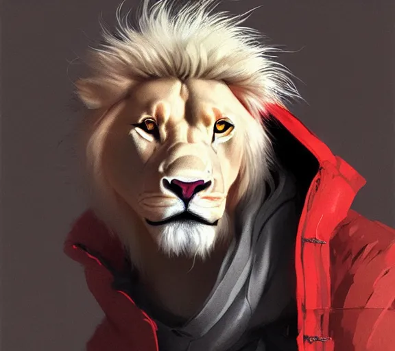 Image similar to commission portrait of a male anthro albino lion wearing a red-black puffer jacket.dramatic,character design by charles bowater,greg rutkowski,ross tran,hyperdetailed,hyperrealistic,4k,deviantart,artstation,professional photography,concept art