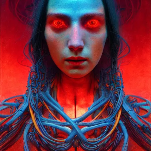 Image similar to Portrait Masterpiece, Wanda Maximoff, furious, red and cyan, glowing, wires everywhere, by Edgar Maxence and Ross Tran, Zdzisław Beksiński, and Michael Whelan, distant, gustav dore, H.R. Giger, 8k, octane render