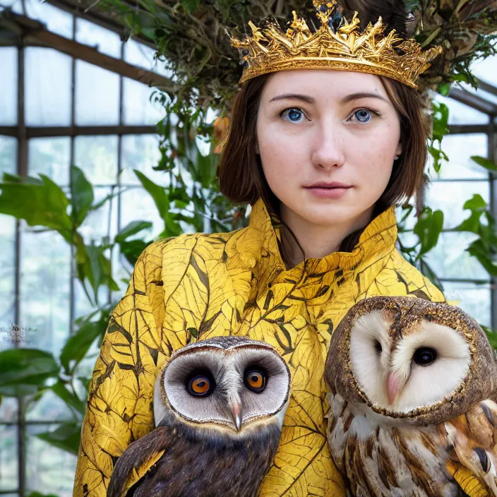 Prompt: portrait photograph of an extremely beautiful!!!! young female , symmetric highly detailed face!, symmetric round detailed eyes!!, slight smile, natural light, wearing a yellow kimono!!! with a very detailed barn owl! on her shoulder in a tropical greenhouse. looking at the camera!!. golden crown made of golden leaves. super resolution. Extremely detailed. Graflex camera!, bokeh!!!!!. by james Gurney