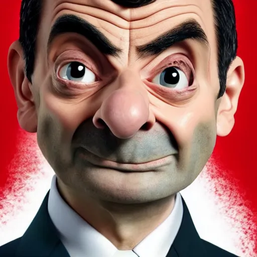 Prompt: Poster for the 2022 Mr. Bean CGI Animated Movie, Mr. Bean's head and body peaking out of the right side of the screen, Mr. Bean has a smug expression on his face, highly detailed, very detailed, extremely detailed, detailed, digital art, trending on artstation, CGI, 3D