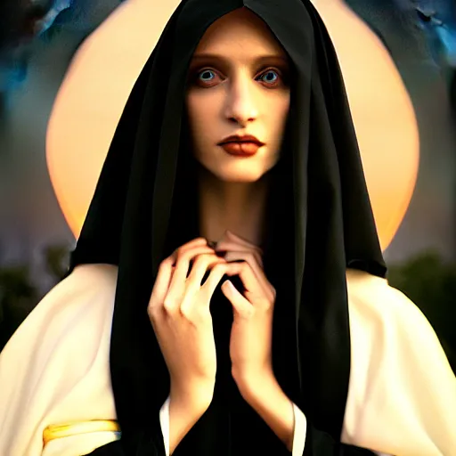 Image similar to photographic portrait of a stunningly beautiful goth nun female in soft dreamy light at sunset, contemporary fashion shoot, by edward robert hughes, annie leibovitz and steve mccurry, david lazar, jimmy nelsson, breathtaking, 8 k resolution, extremely detailed, beautiful, establishing shot, artistic, hyperrealistic, beautiful face, octane render