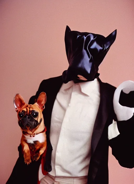 Prompt: a fashion portrait photograph of a dog in a suit wearing mask designed by jean paul gaultier, 3 5 mm, color film camera, pentax