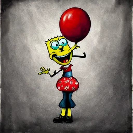 Image similar to grunge painting of spongebob with a wide smile and a red balloon by chris leib, loony toons style, pennywise style, corpse bride style, horror theme, detailed, elegant, intricate