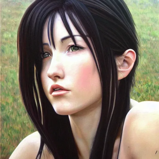 Image similar to a photorealistic painting of Tifa Lockhart it captures every detail of the artist’s female subject, such as the soft skin, flowing hair, and textured cottagecore clothing. Yasumoto Oka