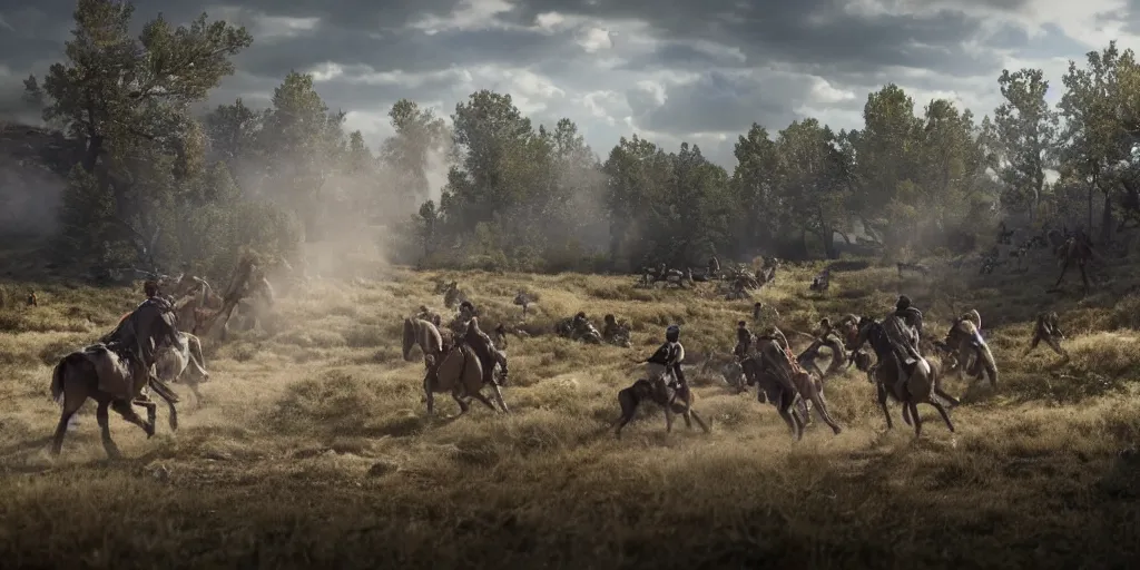 Image similar to promotional movie still rendered in 8 k hq 3 d octane ue 5, of an action shot from little bighorn, majestic action, focusing on the offset center of the scene, intense dramatic hdr, natural light, cinematic lighting, extremely high detail, photorealistic,