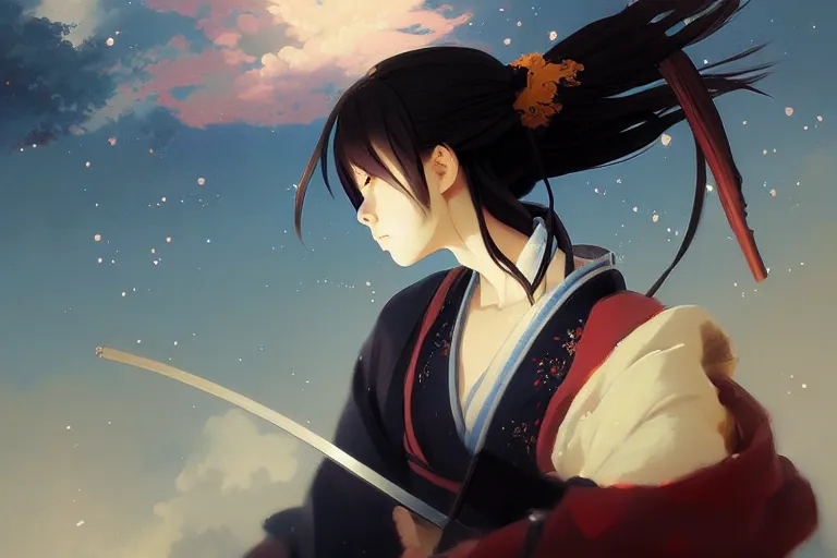 Image similar to baroque oil painting of anime key visual concept art of a samurai girl, very anime, stars vackground, trending on artstation, oil on canvas, style of makoto shinkai greg rutkowski studio ghibli