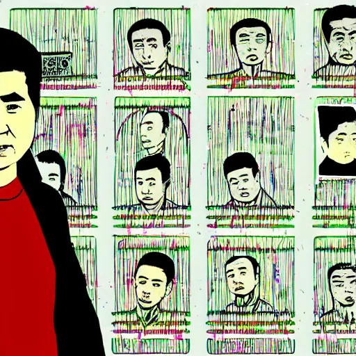 Image similar to uyghur Uighur in a prison behind bars, organ harvesting, in the style of daniel johnston and outsider art, 8k, line brush, overlaid with chinese adverts