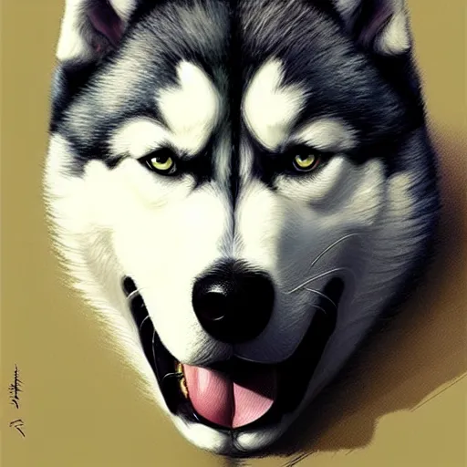 Image similar to beautiful detailed picture of a husky, intricate, elegant, highly detailed, my rendition, digital painting, artstation, concept art, smooth, sharp focus, illustration, art by artgerm and greg rutkowski and alphonse mucha