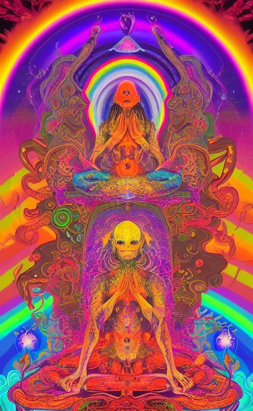 Prompt: psychedelic meditation with chakras, enchanted alien world, mushrooms on the ground, aliens, galaxy in the sky, butterflies, occult, illuminati, third eye, rainbows, bright colors, psychedelic, vector art, honeycomb, dripping, fire, high contrast, fantasy poster by helen huang and frank frazetta and salvador dali and norman rockwell, anime style, 4 k