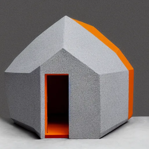 Image similar to a doghouse with the shape of a dog with grey and orange accents designed by antony gormley, advertising photography