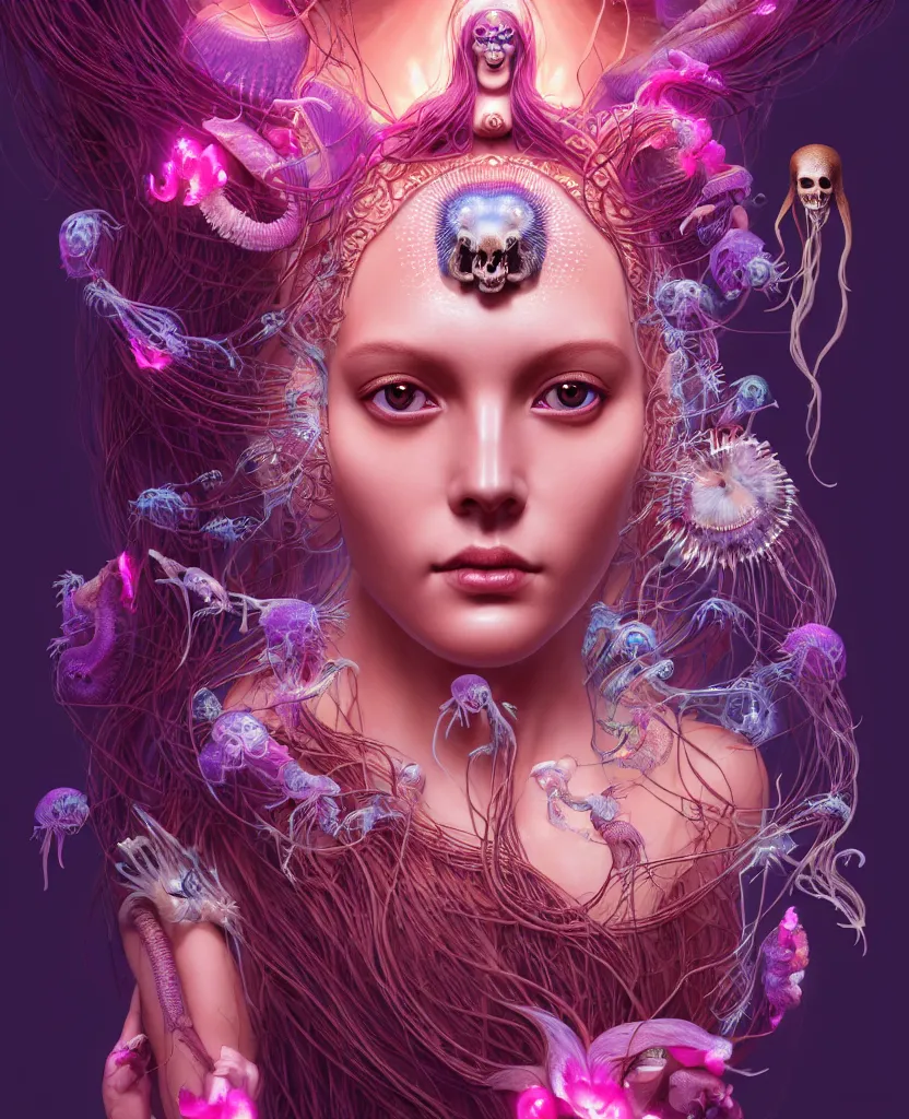 Image similar to goddess close-up portrait of princess face and ram skull. eyes. jellyfish phoenix head, nautilus, orchid, skull, betta fish, bioluminiscent creatures, intricate artwork by Tooth Wu and wlop and beeple. octane render, trending on artstation, greg rutkowski very coherent symmetrical artwork. cinematic, hyper realism, high detail, octane render, 8k