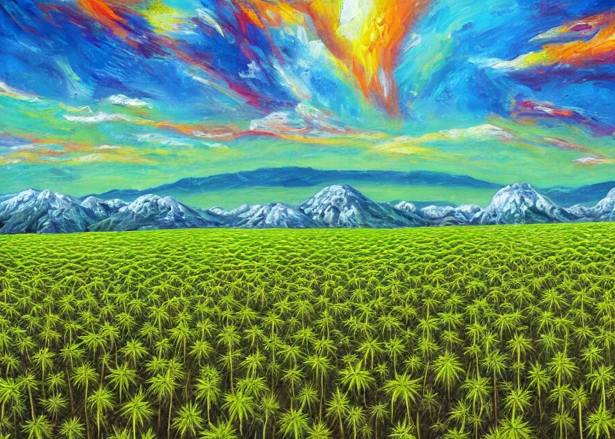 Prompt: cannabis fields on a beautiful alien landscape, colorful oil painting, highly detailed