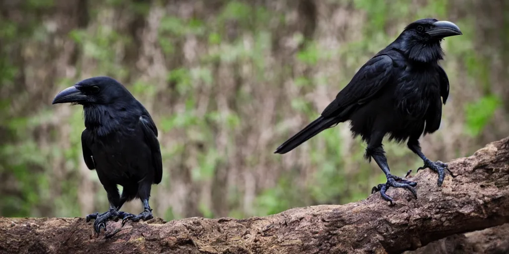 Prompt: mixture between a human and! crow, photograph captured in a forest