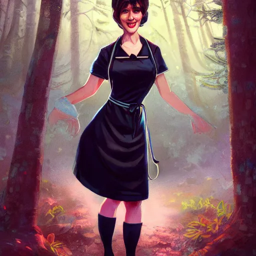 Image similar to a portrait of a 1 9 6 0 s woman with curly black hair and blue eyes, and an apron in the forest, dynamic lighting, fantasy concept art, trending on art station, stunning visuals, cinematic, ultra detailed