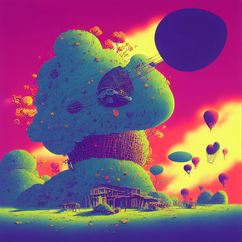 Prompt: surreal glimpse into other universe, zeppelin, island, summer morning, very coherent and colorful high contrast, art by! gediminas pranckevicius! geof darrow, pastel color, volumetric lighting, cinematic, floralpunk screen printing woodblock, dark shadows, hard lighting, stippling art, cel shaded