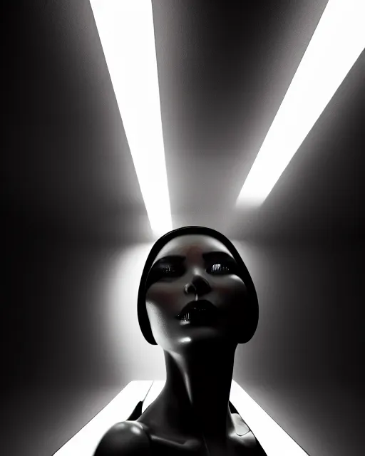 Image similar to black and white high quality photo of a beautiful futuristic female human-AI-cyborg looking into a sci-fi mirror:: volumetric lighting, liminal space, brutalism, foggy, dreamy, hyperdetailed, bokeh, photorealistic, cinematic, masterpiece, Metropolis, elegant, dark, octane render, 8K, photograph taking in 1910