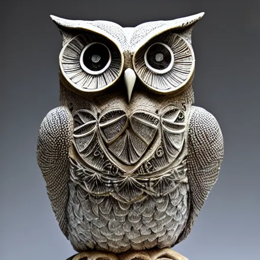 Prompt: symmetrical detailed sculpture of an owl, made of GAmber