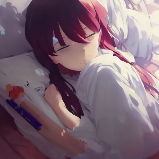 Image similar to a cute anime girl sleeping!!! in a messy room, wlop, ilya kuvshinov, artgerm, krenz cushart, greg rutkowski, hiroaki samura, range murata, james jean, katsuhiro otomo, erik jones, serov, surikov, vasnetsov, repin, kramskoi 4 k