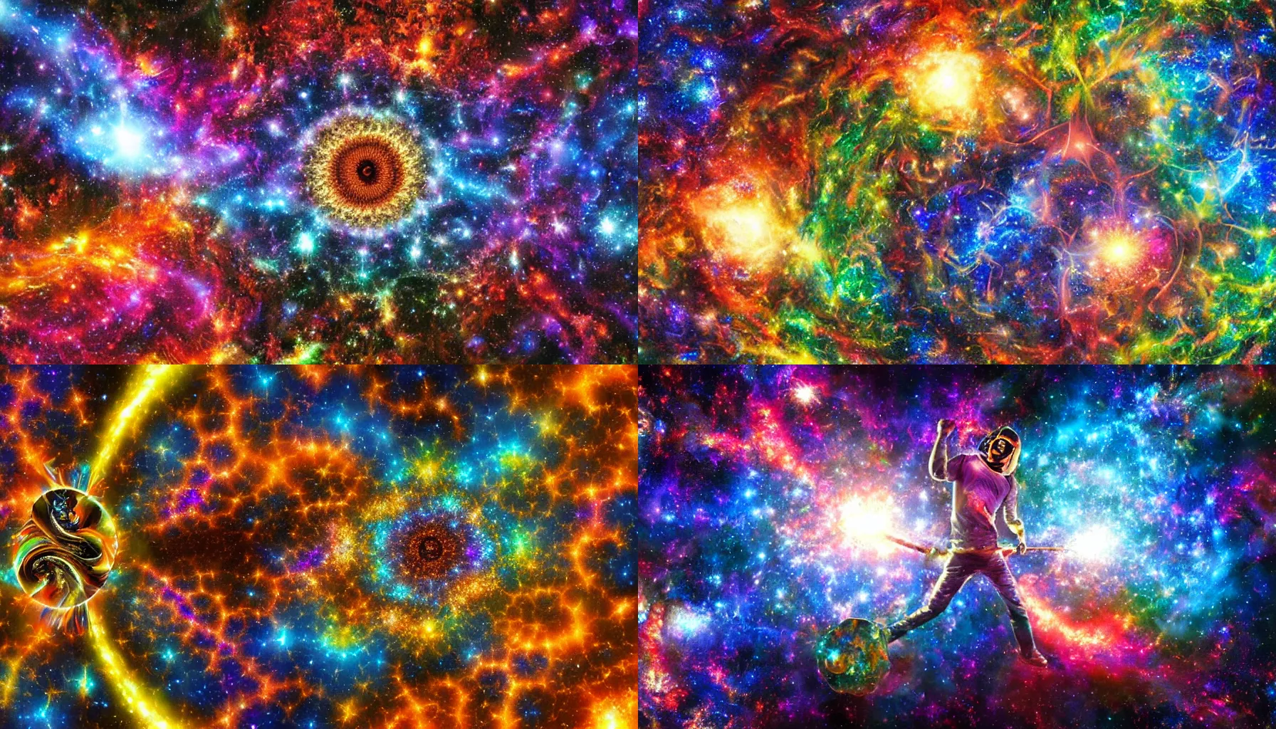 Prompt: a galaxy exploding, psychedelic colors, a blacksmith swinging his hammer at his forge, realistic reflections, stars, psychedelic patterns, fractal