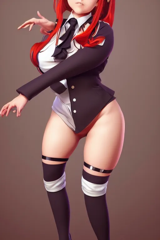 Image similar to photorealistic 3 d render of of an impossibly curvy anime girl wearing a schoolgirl outfit, by artgerm and earl norem, featured on pixiv, booru, exaggerated proportions, high resolution digital art, 4 k, beautiful symmetric face, subsurface scattering, volumetric lighting, realistic skin texture