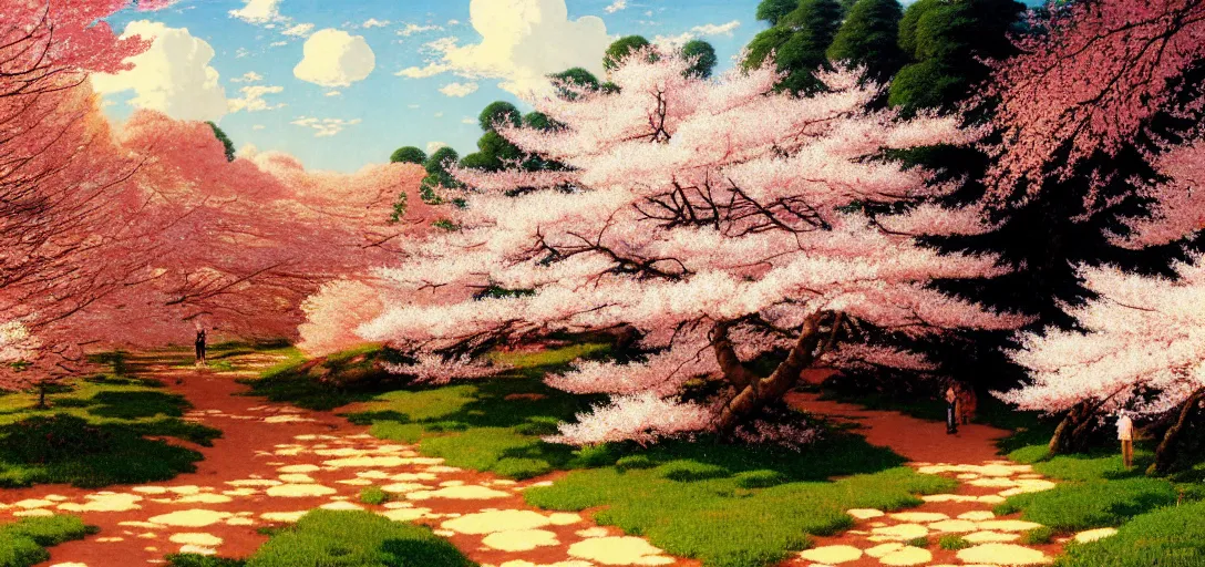 Image similar to ghibli illustrated background of a trail leading through a strikingly beautiful sulfur field, and cherry blossoms by vasily polenov, eugene von guerard, ivan shishkin, albert edelfelt, john singer sargent, albert bierstadt 4 k