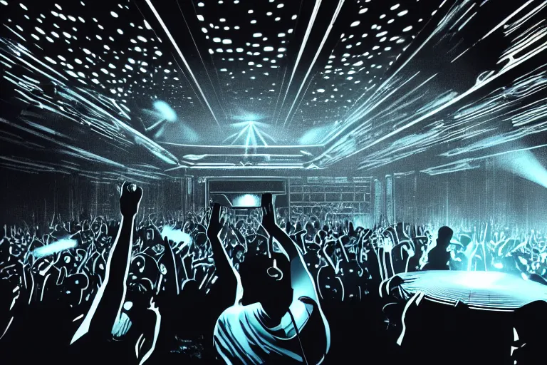 Image similar to beautiful digital art of a dj on stage spinning records with headphones looking over crowd dancing at a club by moebius and hans rudi giger, silhouette, volumetric lighting, haze, moving heads light beams, spot lights, disco ball, trending on artstation, 4k, unreal engine, intricate, ornate