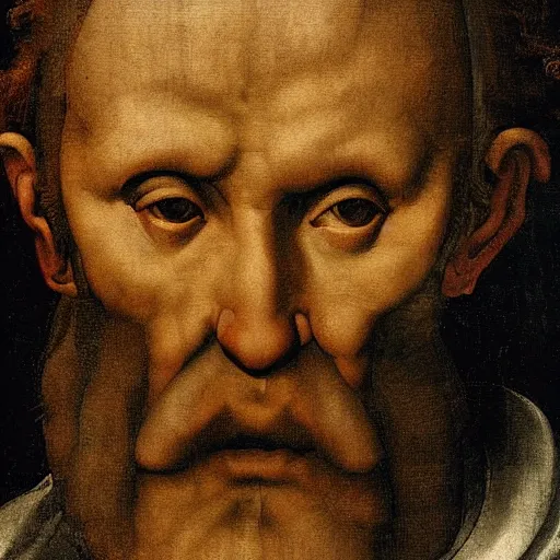 Image similar to scared man staring up, high detail painting by michelangelo