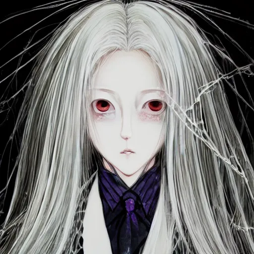 Image similar to Yoshitaka Amano dreamy and blurry illustration of an anime girl with white hair and cracks on her face wearing dress suit with tie fluttering in the wind, abstract black and white patterns on the background, head turned to the side, noisy film grain effect, highly detailed, Renaissance oil painting, weird portrait angle