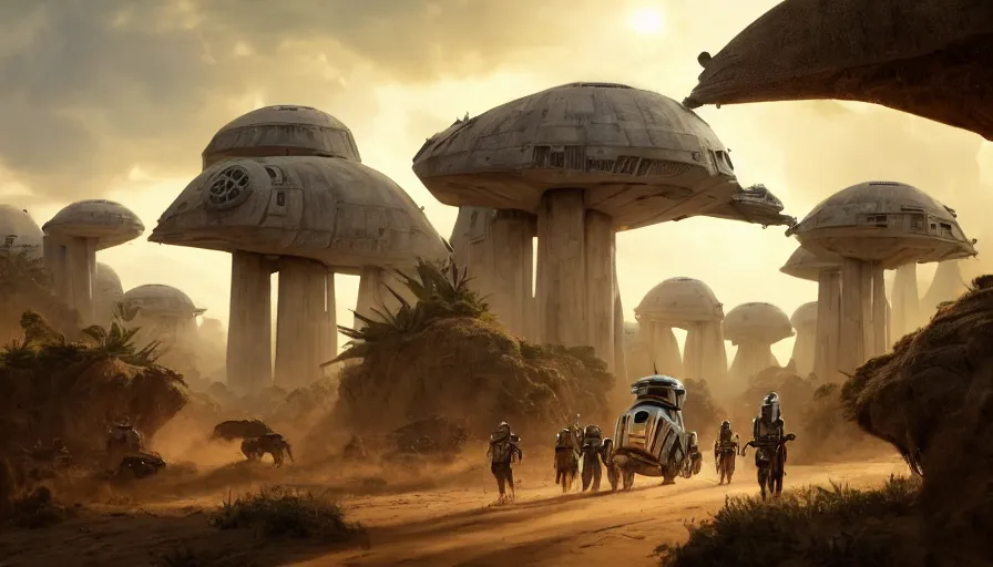 Image similar to star wars vehicle driving through madagascar with baobabs trees, tribe members chasing for an attach, action scene, an epic fantasy, artgerm and greg rutkowski and alphonse mucha, an epic fantasy, volumetric light, detailed, establishing shot, an epic fantasy, cinematic, photorealistic, ultrarealistic, trending on art station, octane render, midsommar