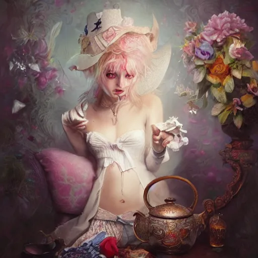 Image similar to The Madhatter, digital painting, lots of details, extremely detailed, 4k, intricate, brush strokes, Artgerm, Bastien Lecouffe-Deharme, Chiho Aoshima
