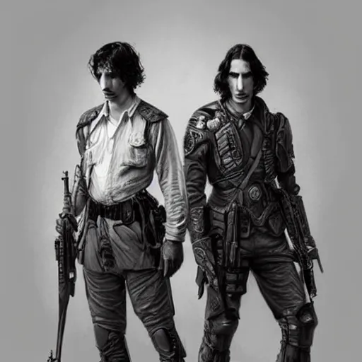 Prompt: portrait of both john oliver and adam driver standing together looking stoic, full body, military uniform, fantasy, intricate, elegant, beautiful, highly detailed, charcoal, centered, dark, smokey, digital painting, artstation, concept art, smooth, sharp focus, illustration, art by artgerm and greg rutkowski and alphonse mucha