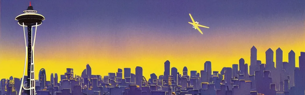 Image similar to angels over the seattle space needle, modernism, gouache, animated film, stylised, illustration, by eyvind earle, scott wills, genndy tartakovski, syd mead