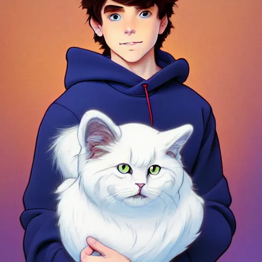 Prompt: teen boy with brown hair and big blue eyes, wearing a hoodie, holding a fluffy white persian cat, natural lighting, path traced, highly detailed, high quality, digital painting, by don bluth and ross tran and studio ghibli and alphonse mucha, artgerm